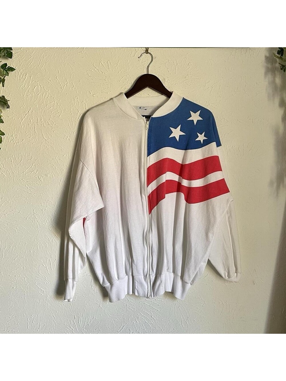 Vintage USA Flag Sleeve Zip Up Bomber Jacket America White Size Large Patriotic